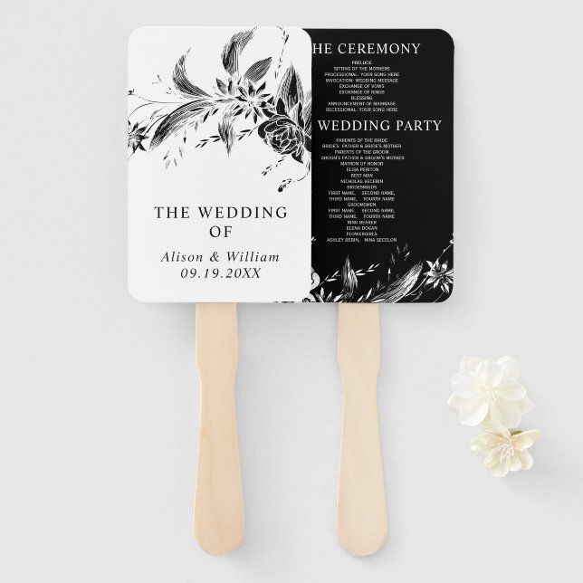 Branch with black, white flowers wedding program hand fan (Front and Back)