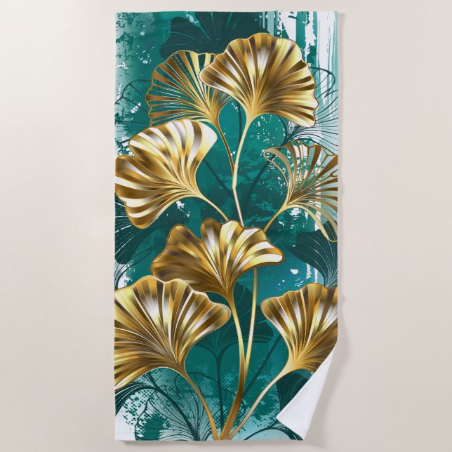 Branch with Golden Leaves Ginko Biloba Beach Towel (Front)