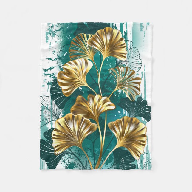 Branch with Golden Leaves Ginko Biloba Fleece Blanket (Front)