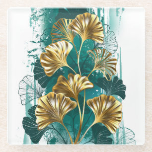 Branch with Golden Leaves Ginko Biloba Glass Coaster