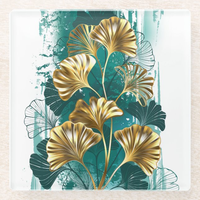 Branch with Golden Leaves Ginko Biloba Glass Coaster (Front)