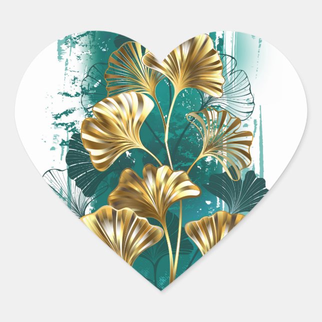 Branch with Golden Leaves Ginko Biloba Heart Sticker (Front)