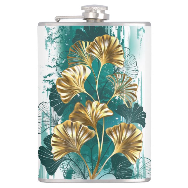 Branch with Golden Leaves Ginko Biloba Hip Flask (Front)