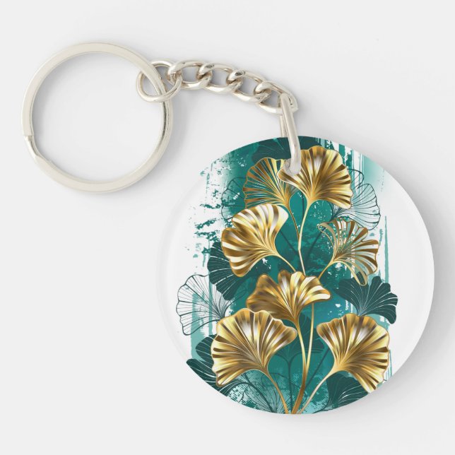 Branch with Golden Leaves Ginko Biloba Key Ring (Front)