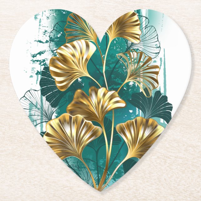 Branch with Golden Leaves Ginko Biloba Paper Coaster (Front)