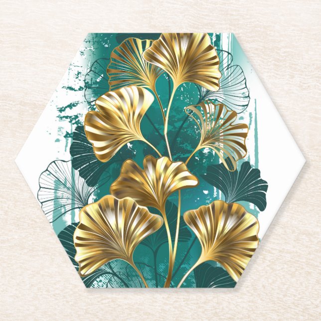 Branch with Golden Leaves Ginko Biloba Paper Coaster (Front)