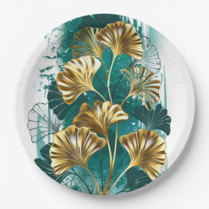 Branch with Golden Leaves Ginko Biloba Paper Plate