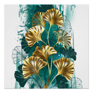 Branch with Golden Leaves Ginko Biloba Poster