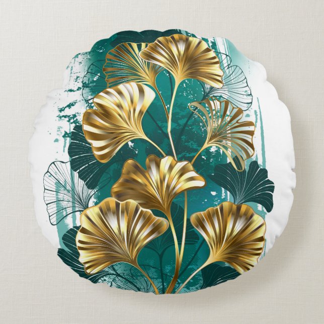 Branch with Golden Leaves Ginko Biloba Round Cushion (Front)