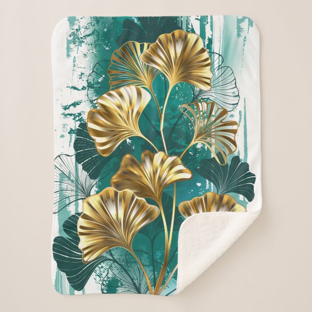 Branch with Golden Leaves Ginko Biloba Sherpa Blanket (Front)