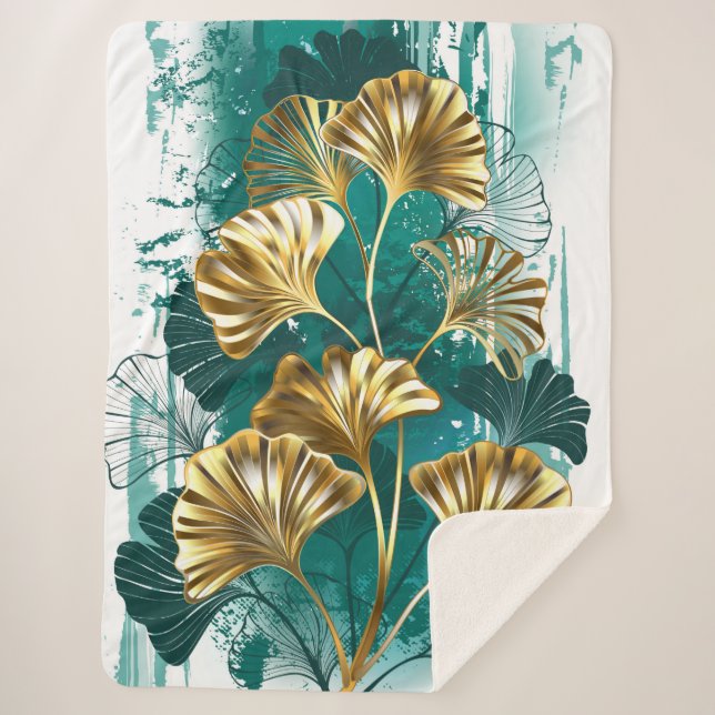 Branch with Golden Leaves Ginko Biloba Sherpa Blanket (Front)