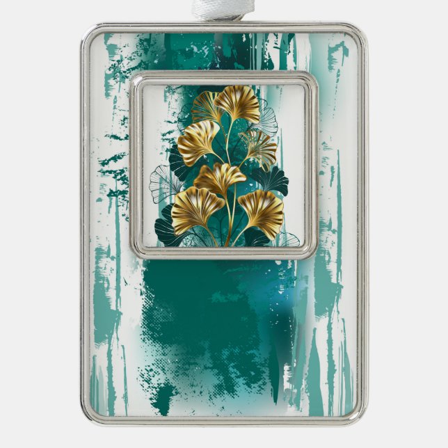 Branch with Golden Leaves Ginko Biloba Silver Plated Framed Ornament (Front)