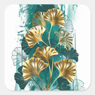 Branch with Golden Leaves Ginko Biloba Square Sticker