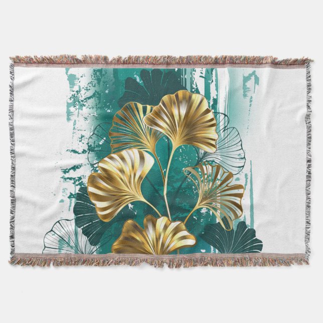Branch with Golden Leaves Ginko Biloba Throw Blanket (Front)