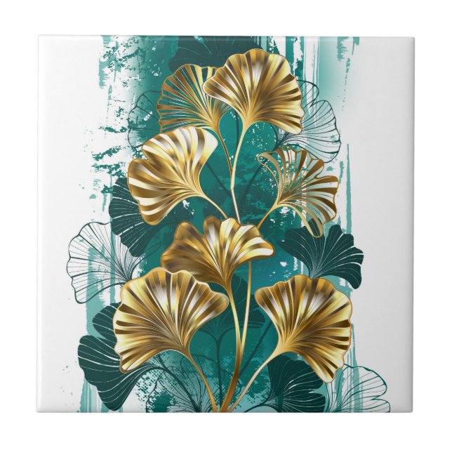 Branch with Golden Leaves Ginko Biloba Tile (Front)