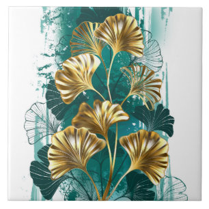 Branch with Golden Leaves Ginko Biloba Tile