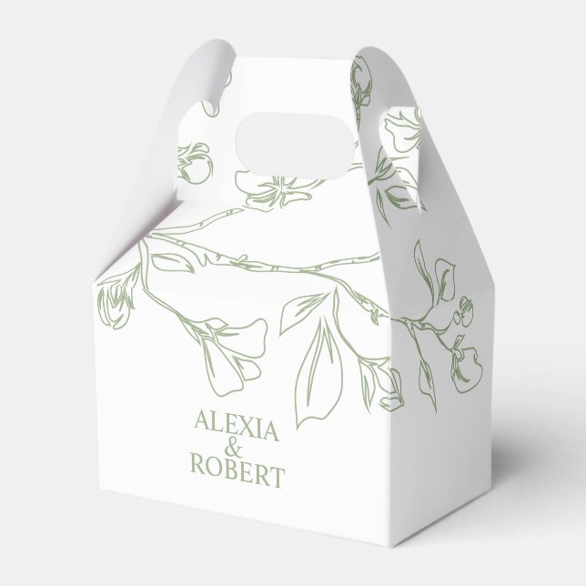 Branch with line art sage green flowers wedding favour box (Front Side)