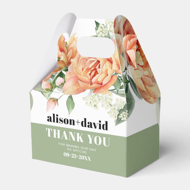 Branch with peach rose flowers typography wedding favour box (Front Side)