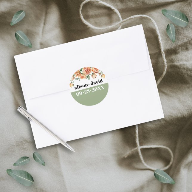 Branch with peach rose flowers wedding  classic round sticker (Creator Uploaded)