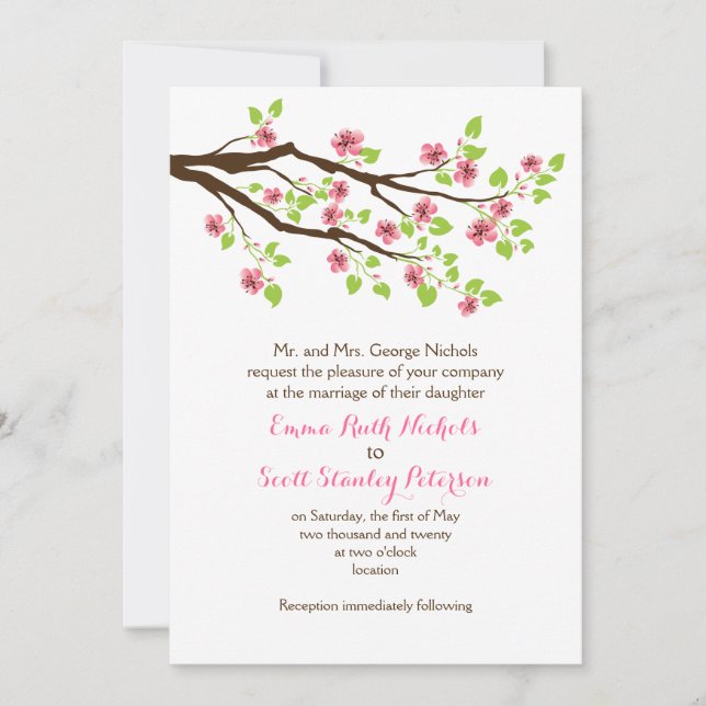 Branch with pink cherry blossoms spring wedding invitation (Front)