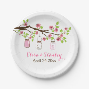 Branch with pink cherry blossoms spring wedding paper plate