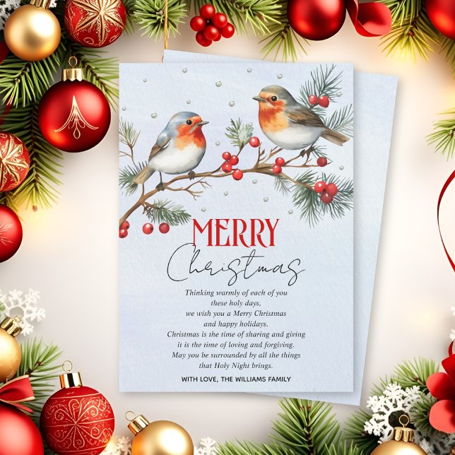 Branch with robin birds and berries Christmas Holiday Card (Creator Uploaded)