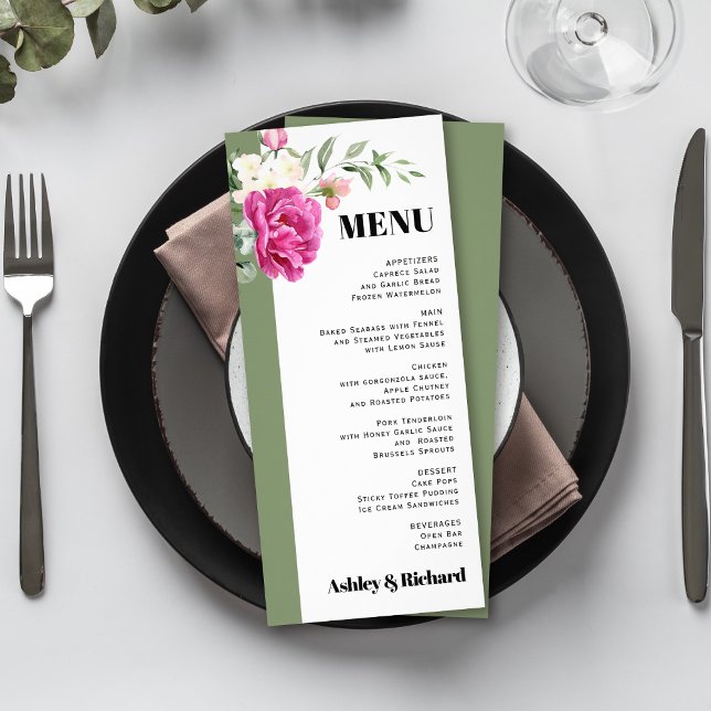 Branch with rose flowers sage wedding menu card (Creator Uploaded)