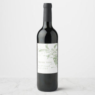 Branch with sage green and white flowers wedding wine label