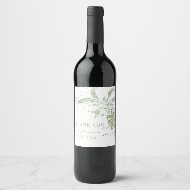 Branch with sage green and white flowers wedding wine label (Front)