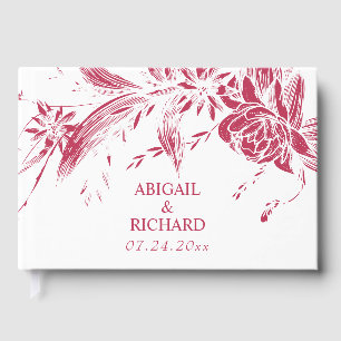 Branch with viva magenta and white flowers wedding guest book