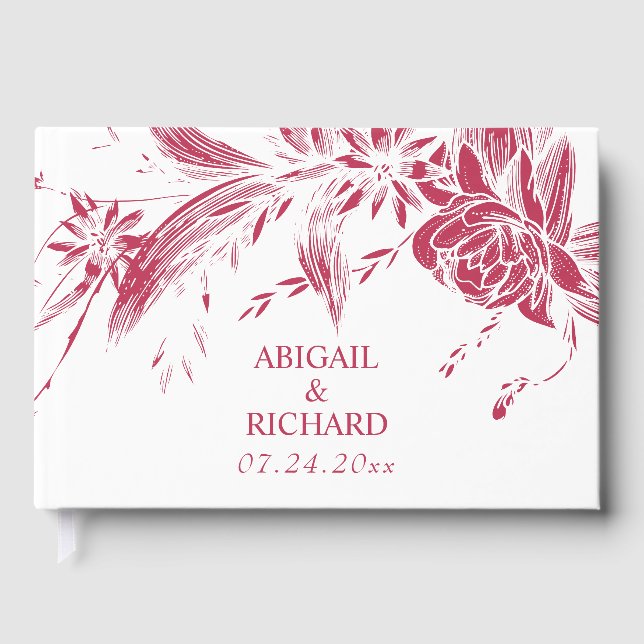 Branch with viva magenta and white flowers wedding guest book (Front)