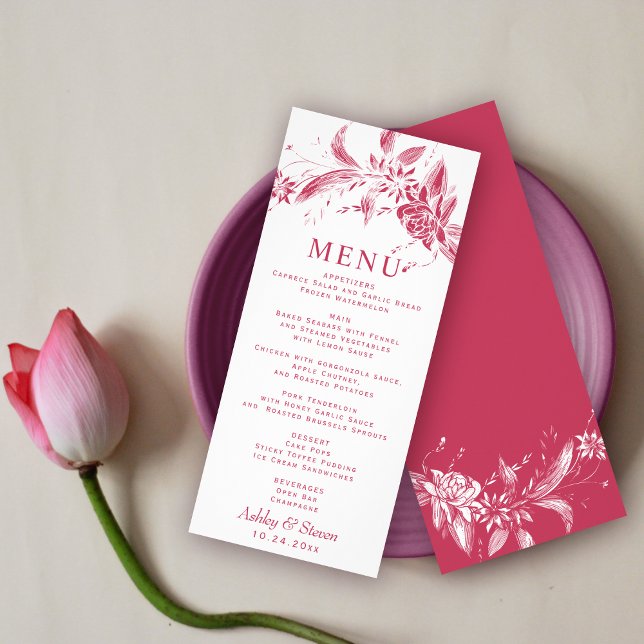 Branch with viva magenta flowers wedding menu card (Creator Uploaded)