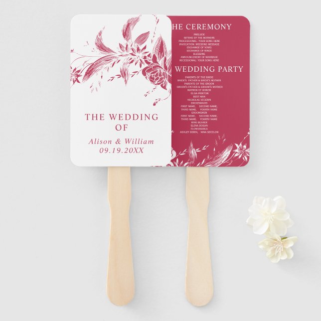 Branch with viva magenta flowers wedding program hand fan (Front and Back)