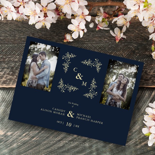 Branches 2 Photos Navy Chic Trendy Collage Wedding Invitation (Creator Uploaded)