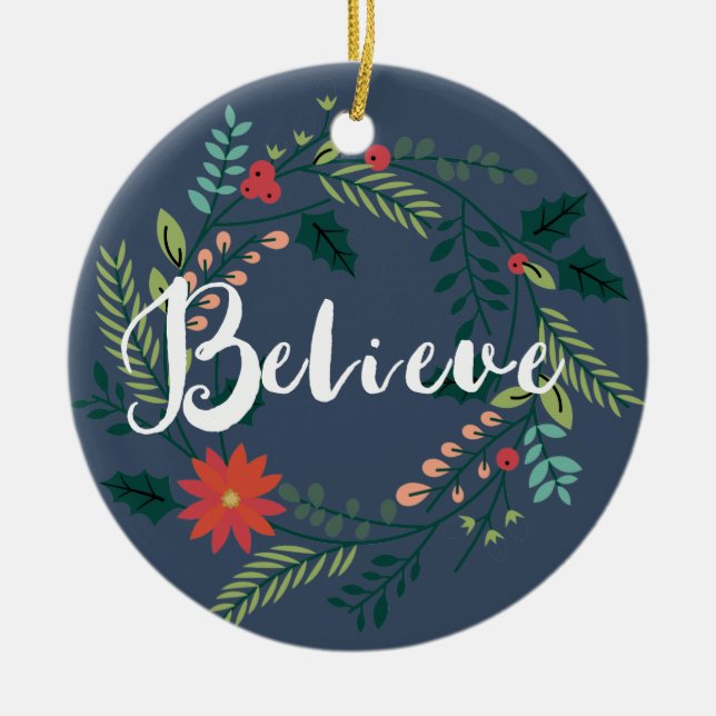 Branches and Berries Believe Christmas Ornament (Front)