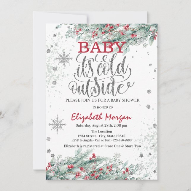 Branches Holly Berry Snowflakes Baby Shower Invitation (Front)