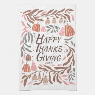 Branches, leaves and pumpkins fall Thanksgiving Tea Towel