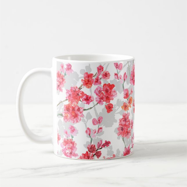 Branches of cherry blossoms on white and gray back coffee mug (Left)