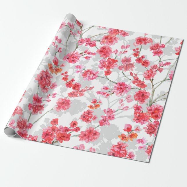Branches of cherry blossoms on white and gray back wrapping paper (Unrolled)