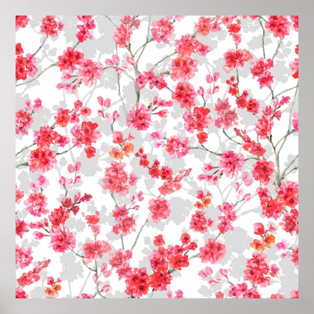 Branches of cherry blossoms on white and grey back poster (Front)