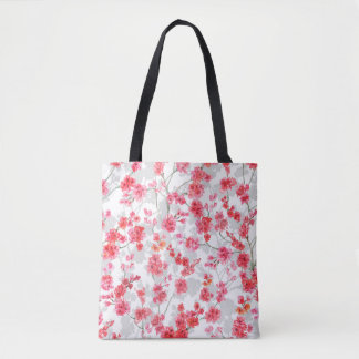Branches of cherry blossoms on white and grey back tote bag