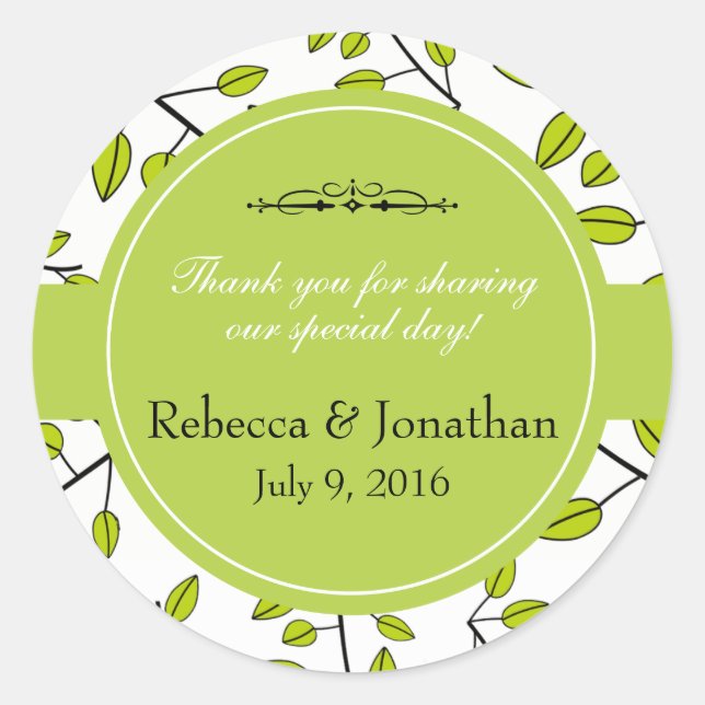 Branches of Green Leaves Wedding Thank You Classic Round Sticker (Front)