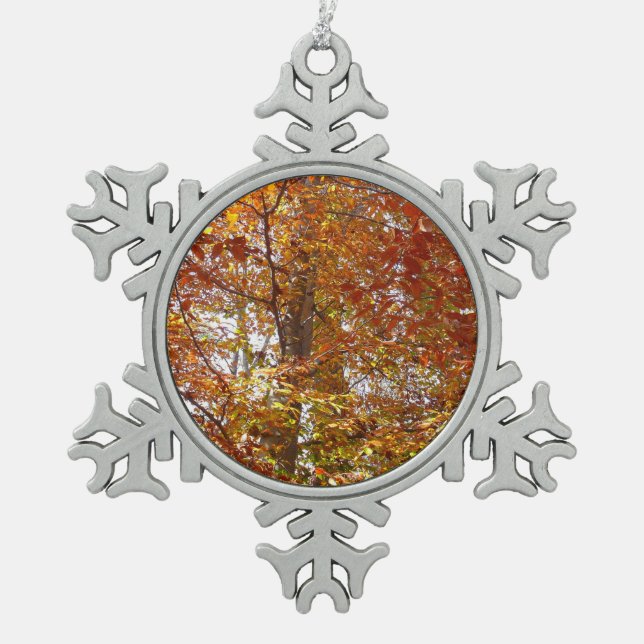 Branches of Orange Leaves Autumn Nature Snowflake Pewter Christmas Ornament (Front)