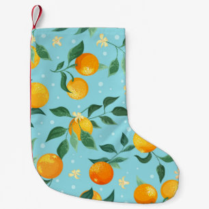 Branches of oranges with flowers on a blue backgro small christmas stocking