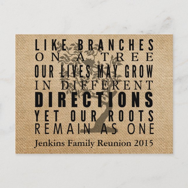 Branches Tree Family Reunion Invitation Burlap Postcard (Front)