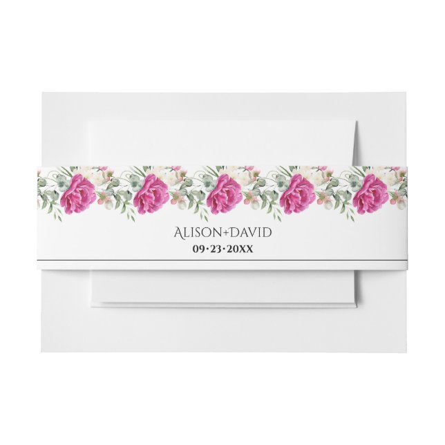 Branches with pink rose flowers and leaves wedding invitation belly band (Front Example)