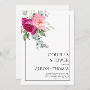 Branches with pink rose flowers couple's shower invitation