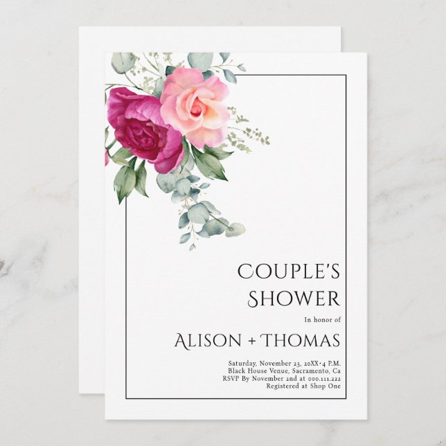 Branches with pink rose flowers couple's shower invitation (Front/Back)