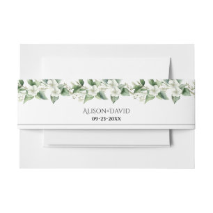 Branches with white flowers and leaves wedding invitation belly band
