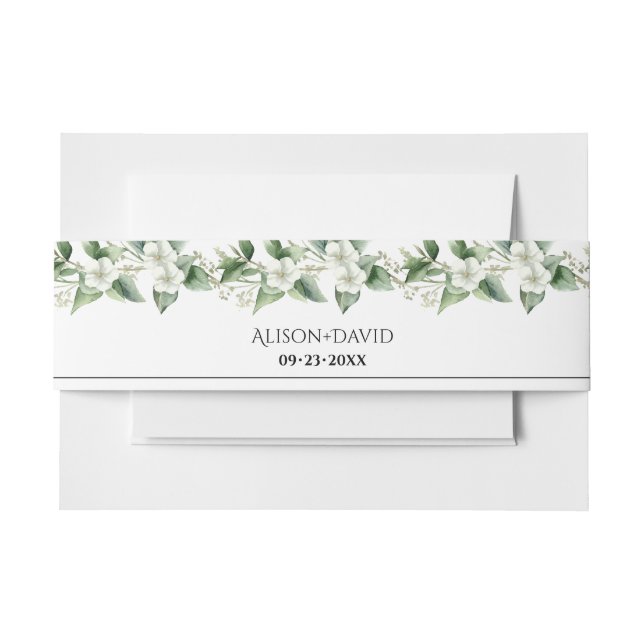 Branches with white flowers and leaves wedding invitation belly band (Front Example)